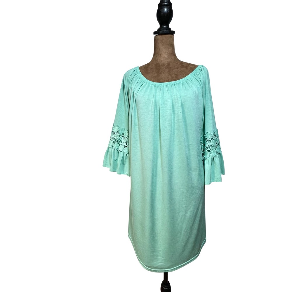 Win Win Mint Green Boho Off Shoulder Tunic With Floral Crochet Bell Sleeves Chic